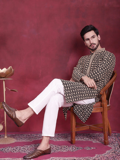 Jompers Men's Sequins Embroidered Kurta with Pyjama - Black