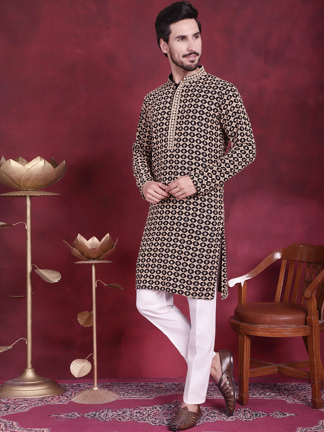 Jompers Men's Sequins Embroidered Kurta with Pyjama - Black