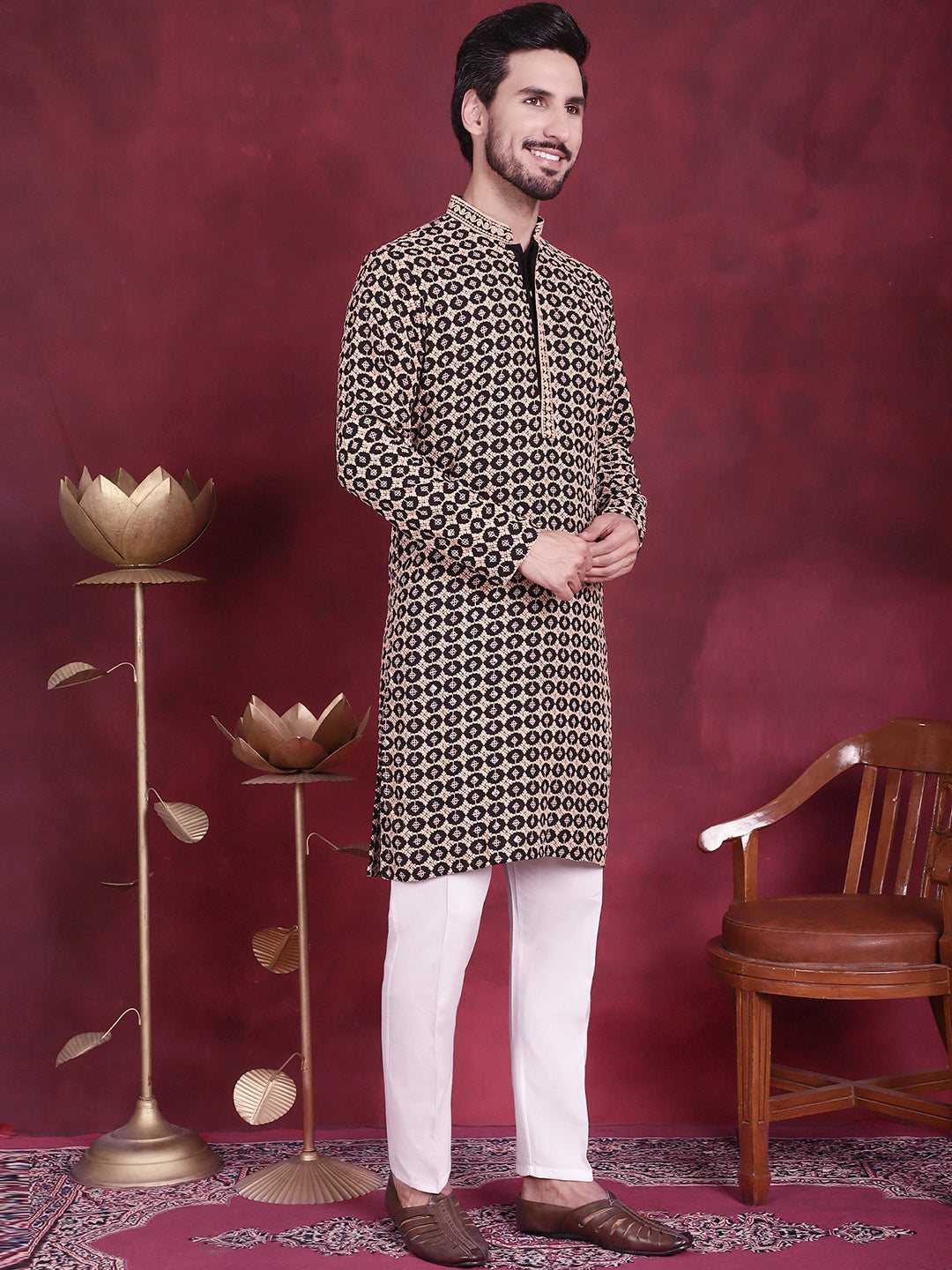 Jompers Men's Sequins Embroidered Kurta with Pyjama - Black