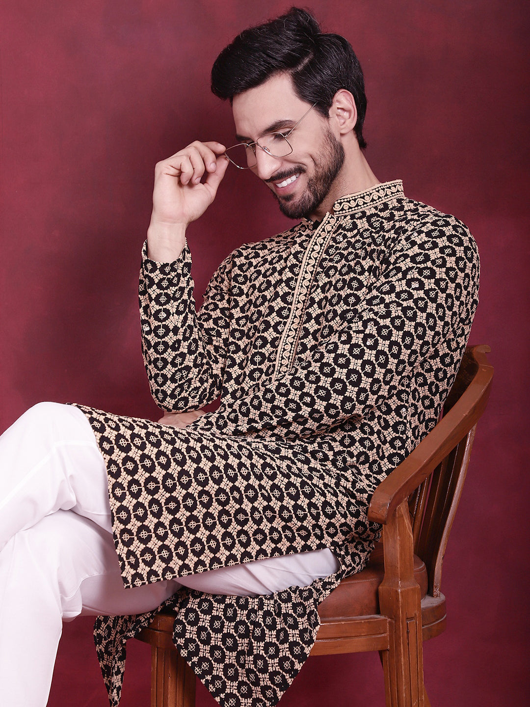 Jompers Men's Sequins Embroidered Kurta with Pyjama - Black