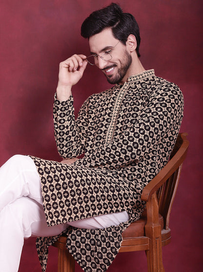 Jompers Men's Sequins Embroidered Kurta with Pyjama - Black