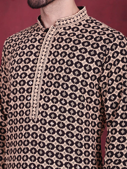 Jompers Men's Sequins Embroidered Kurta with Pyjama - Black