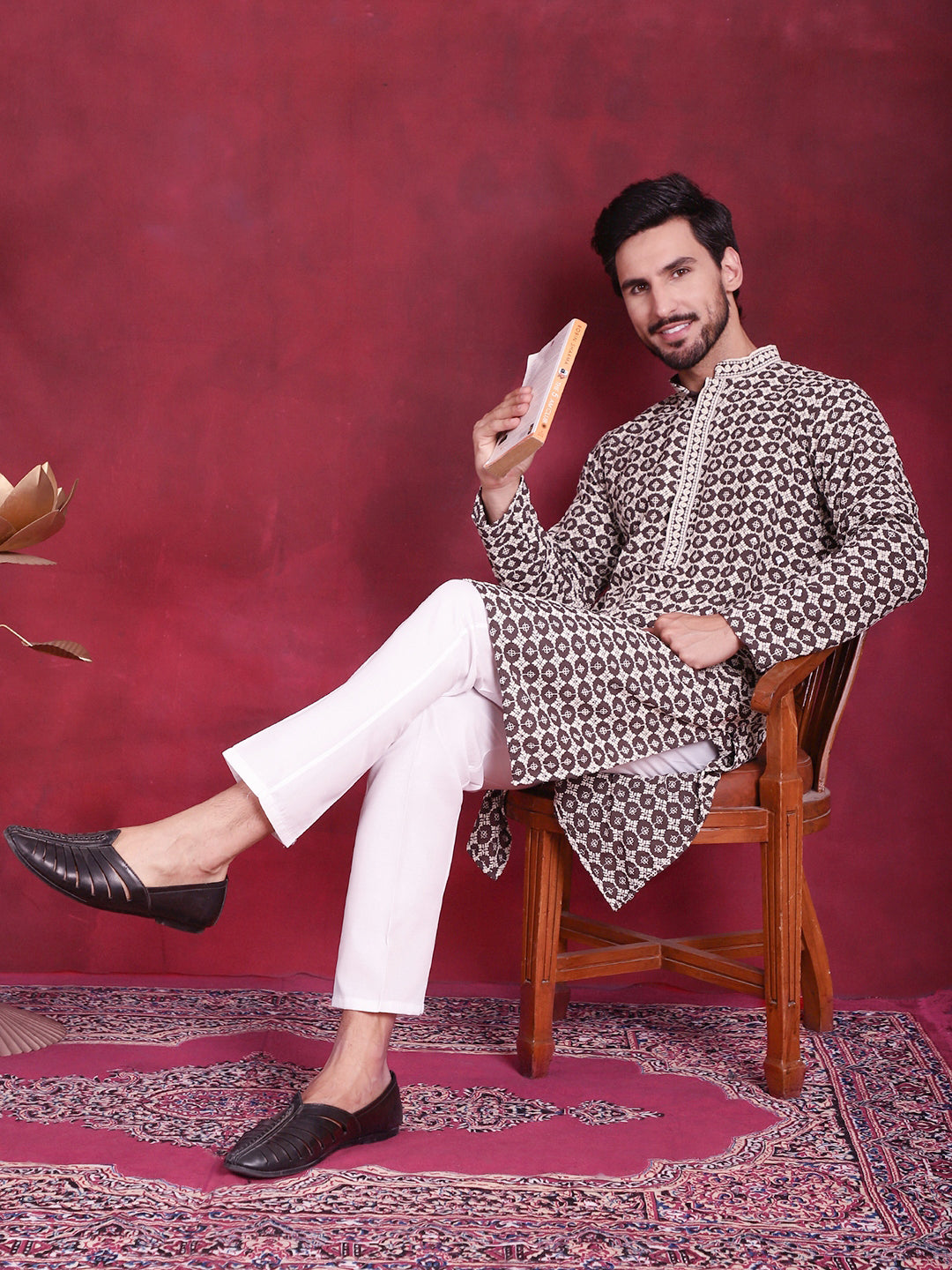 Jompers Men's Sequins Embroidered Kurta with Pyjama - Brown