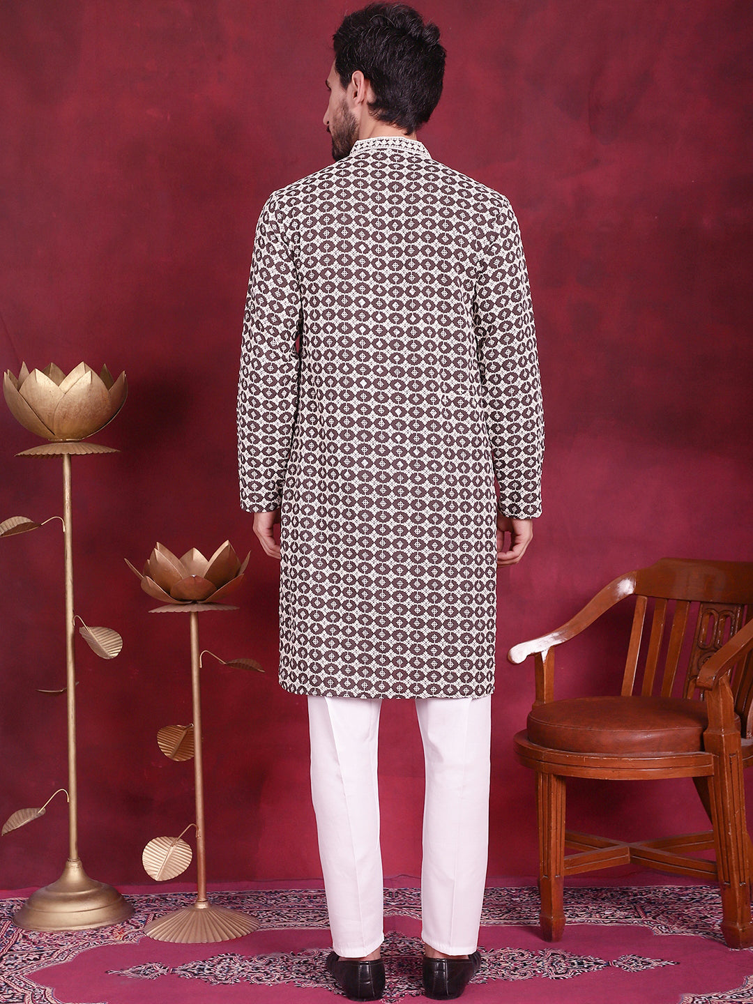 Jompers Men's Sequins Embroidered Kurta with Pyjama - Brown