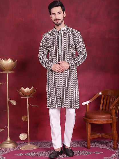 Jompers Men's Sequins Embroidered Kurta with Pyjama - Brown