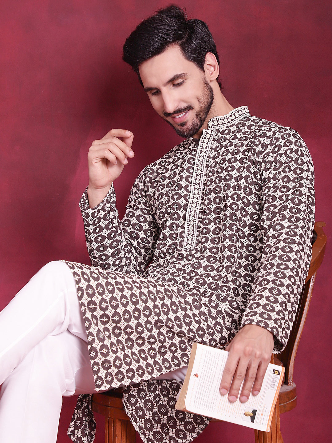 Jompers Men's Sequins Embroidered Kurta with Pyjama - Brown
