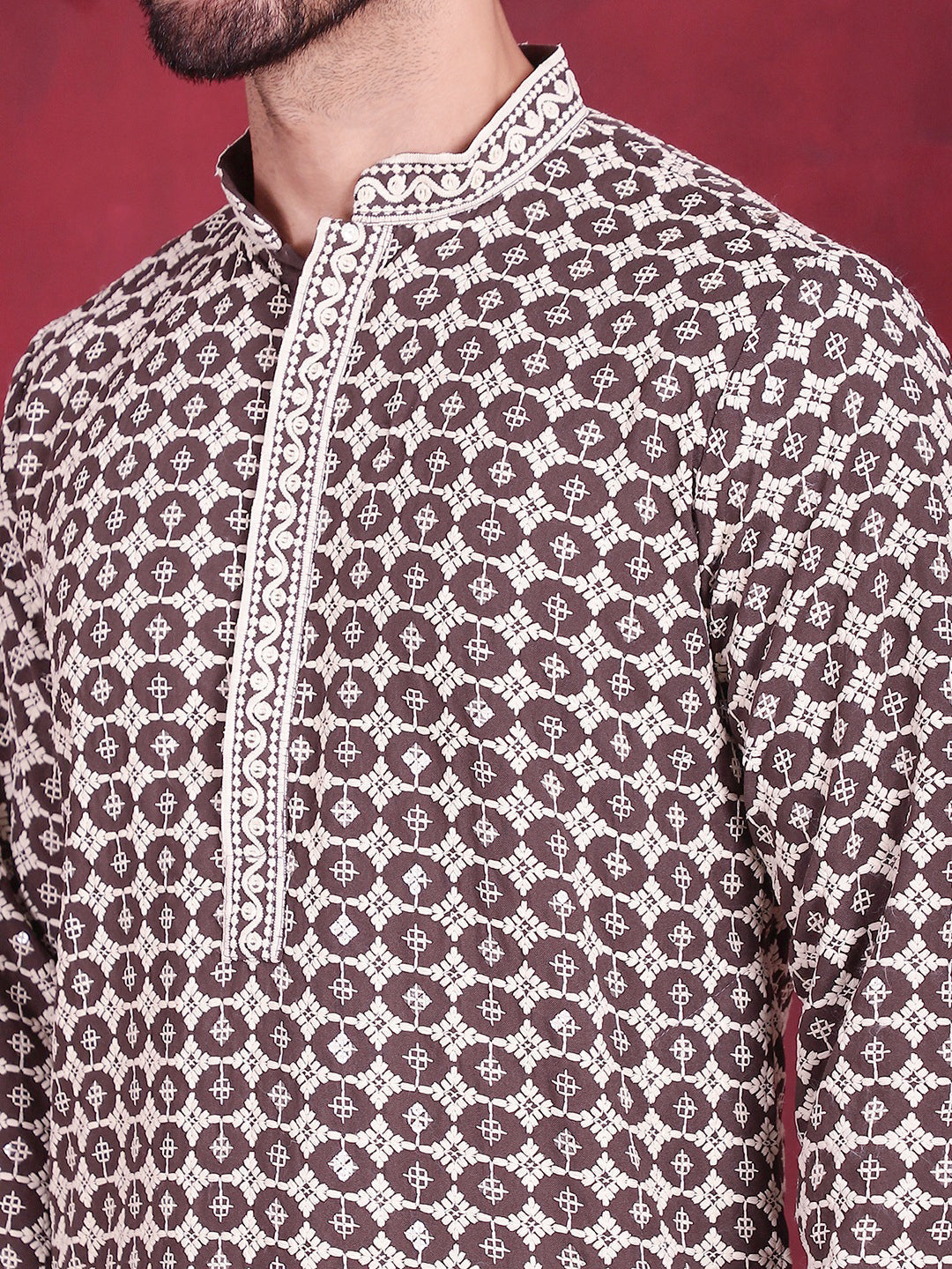 Jompers Men's Sequins Embroidered Kurta with Pyjama - Brown