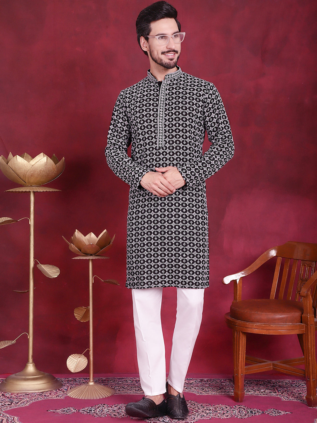 Jompers Men's Sequins Embroidered Kurta with Pyjama - Grey