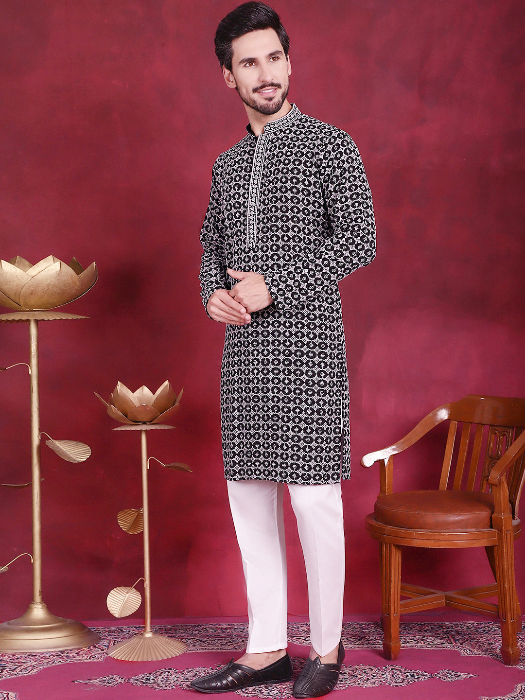 Jompers Men's Sequins Embroidered Kurta with Pyjama - Grey