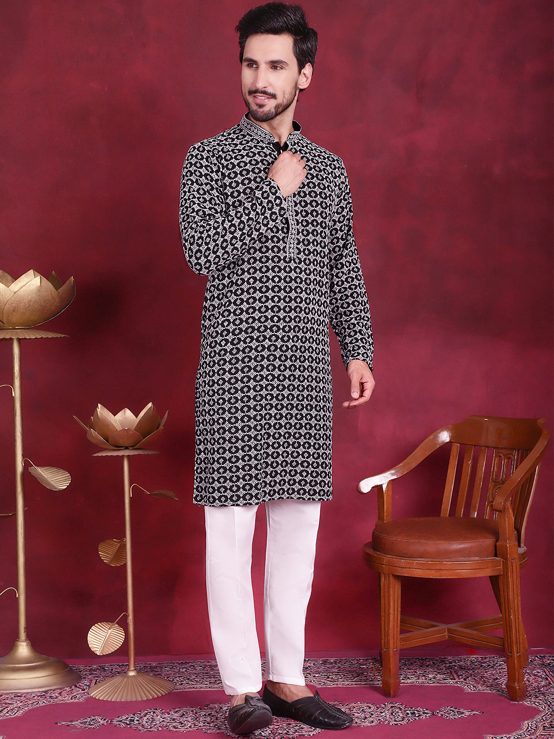 Jompers Men's Sequins Embroidered Kurta with Pyjama - Grey
