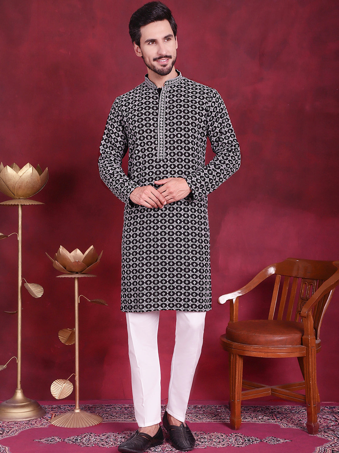 Jompers Men's Sequins Embroidered Kurta with Pyjama - Grey