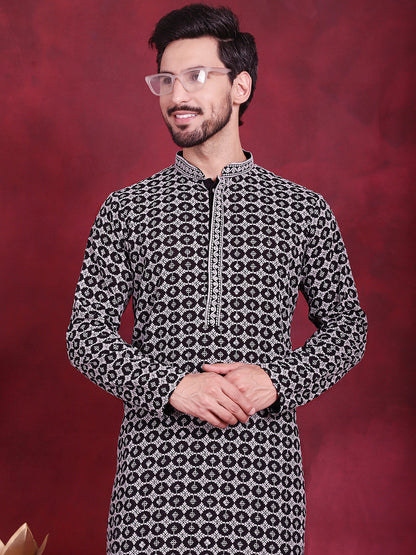 Jompers Men's Sequins Embroidered Kurta with Pyjama - Grey