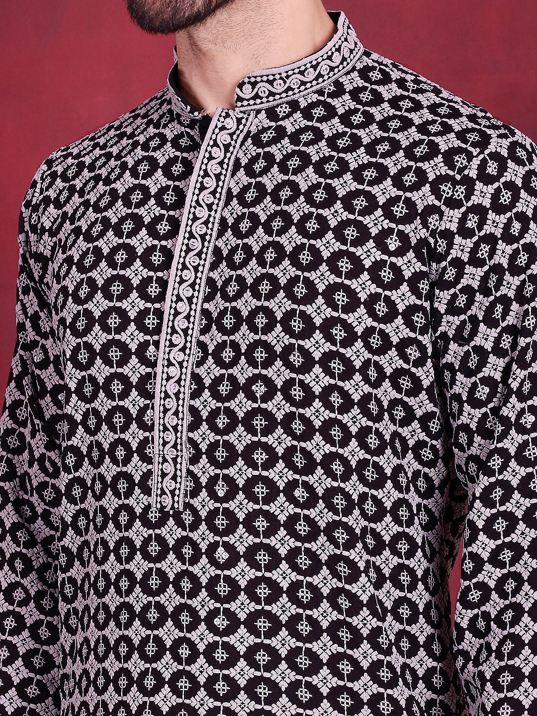 Jompers Men's Sequins Embroidered Kurta with Pyjama - Grey