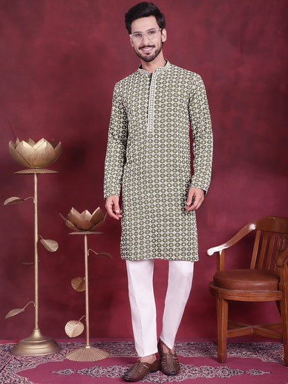 Jompers Men's Sequins Embroidered Kurta with Pyjama - Mehndi
