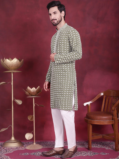Jompers Men's Sequins Embroidered Kurta with Pyjama - Mehndi