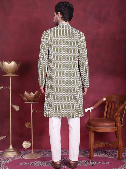 Jompers Men's Sequins Embroidered Kurta with Pyjama - Mehndi