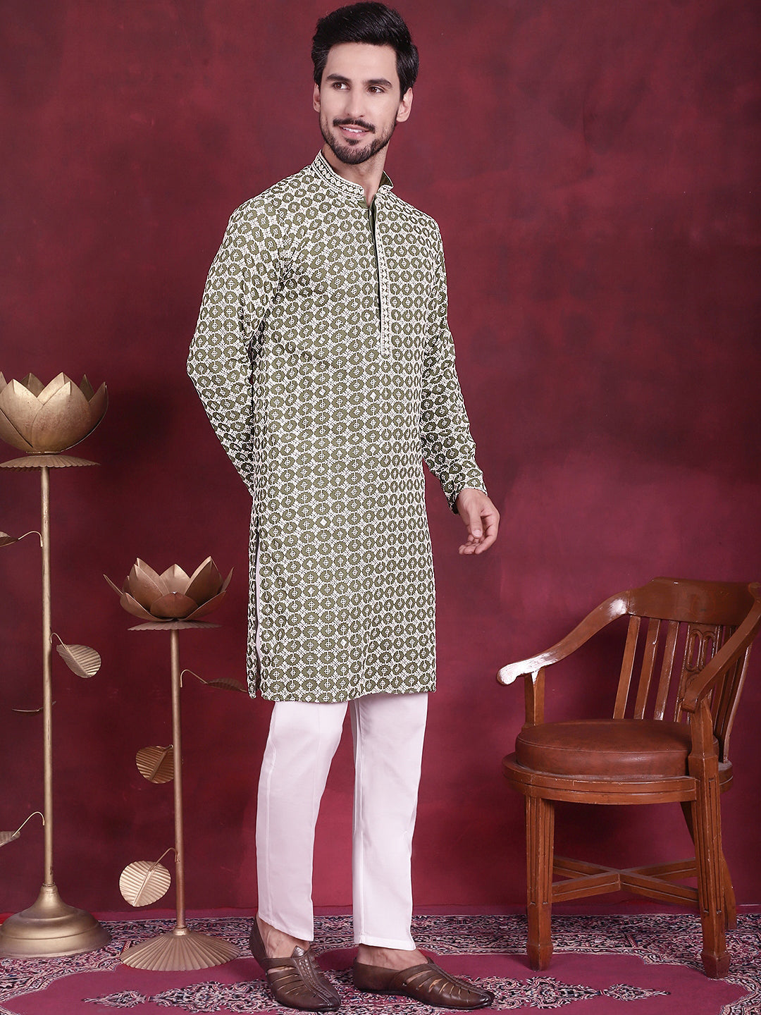 Jompers Men's Sequins Embroidered Kurta with Pyjama - Mehndi