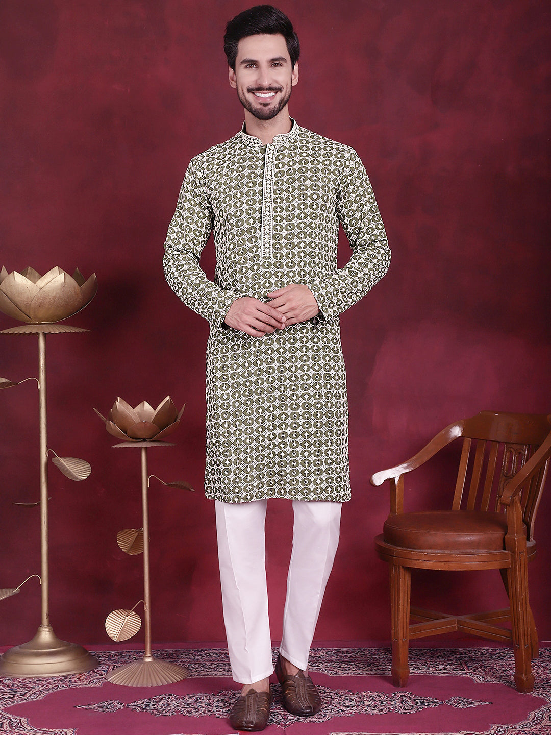 Jompers Men's Sequins Embroidered Kurta with Pyjama - Mehndi