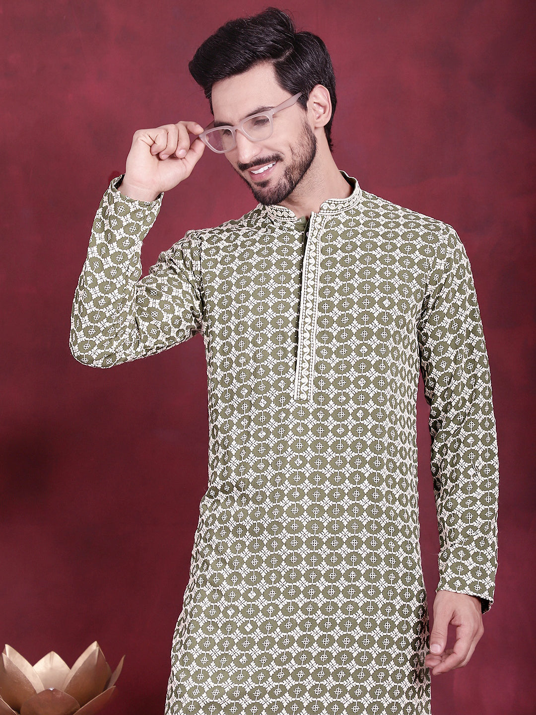 Jompers Men's Sequins Embroidered Kurta with Pyjama - Mehndi