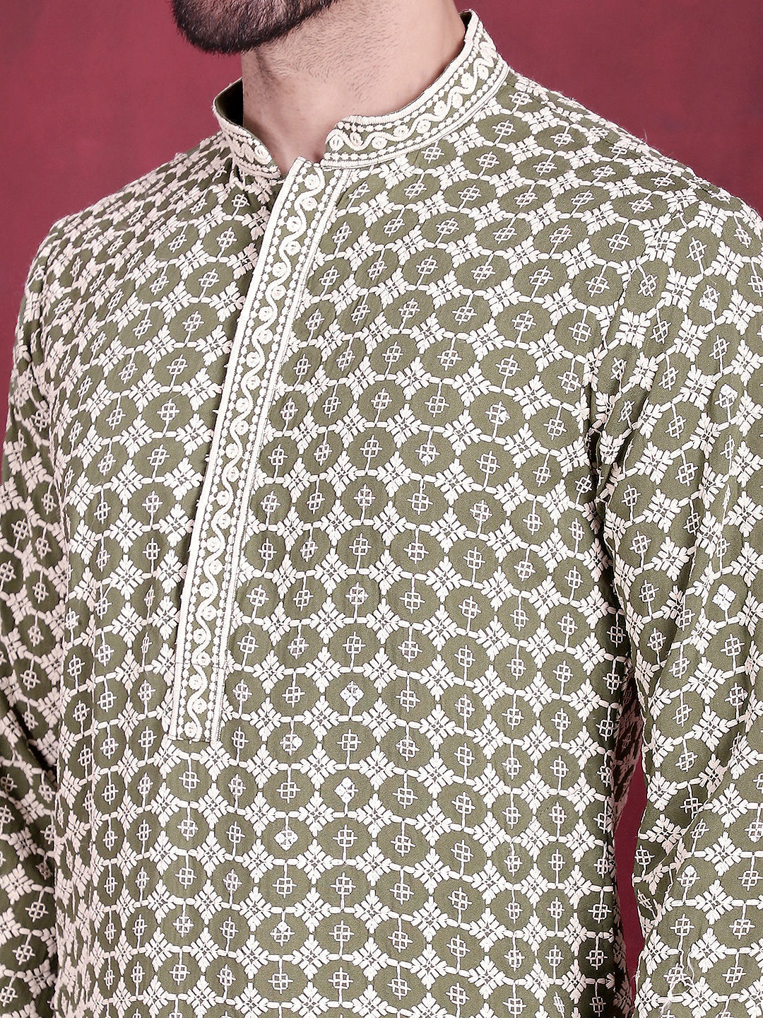 Jompers Men's Sequins Embroidered Kurta with Pyjama - Mehndi