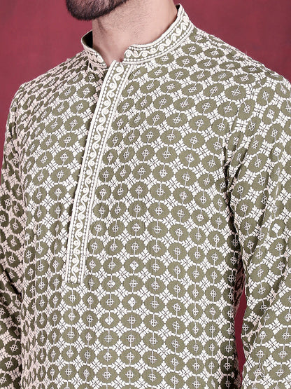 Jompers Men's Sequins Embroidered Kurta with Pyjama - Mehndi