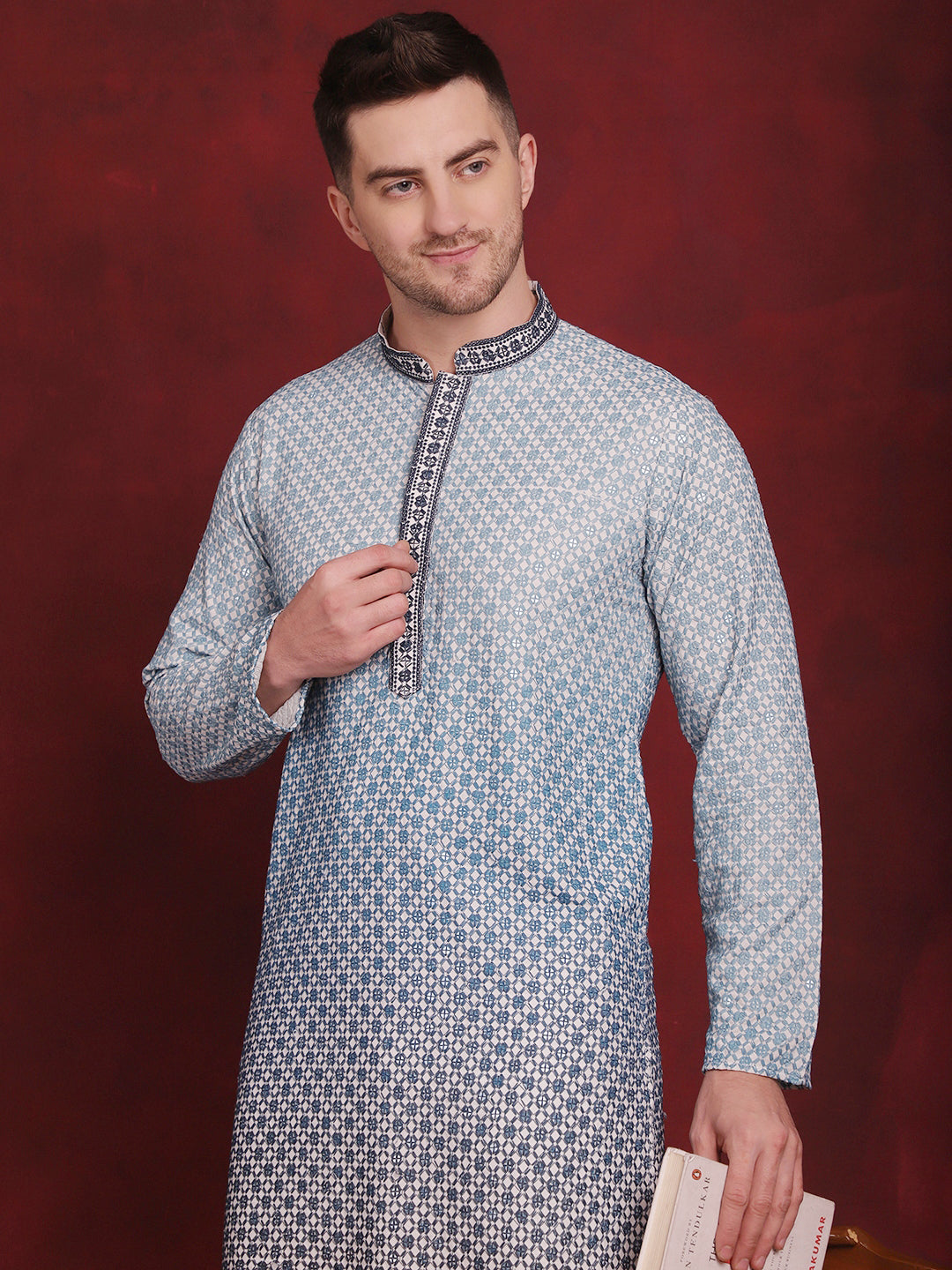 Jompers Men's Sequins Embroidered Kurta with Pyjama - Blue