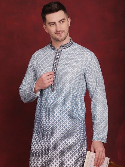 Jompers Men's Sequins Embroidered Kurta with Pyjama - Blue