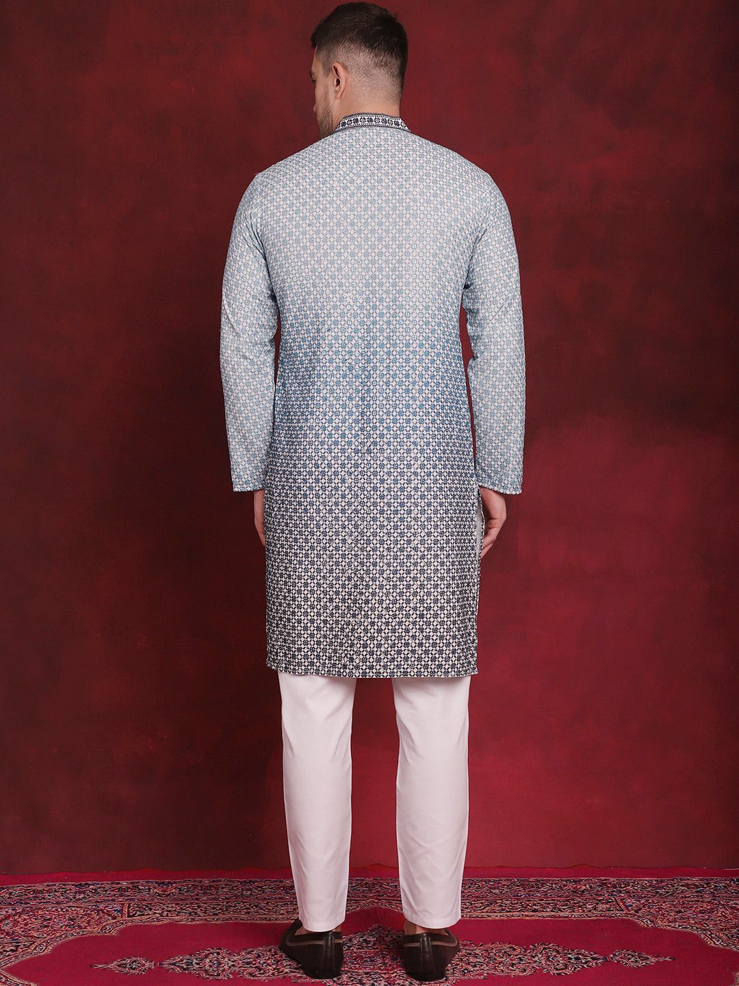 Jompers Men's Sequins Embroidered Kurta with Pyjama - Blue