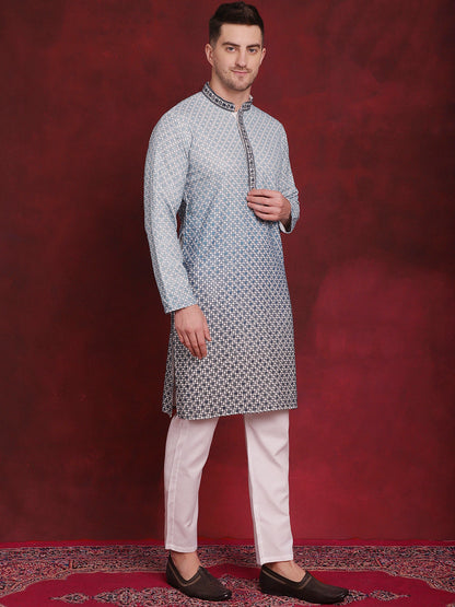 Jompers Men's Sequins Embroidered Kurta with Pyjama - Blue