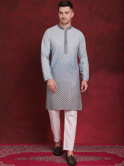 Jompers Men's Sequins Embroidered Kurta with Pyjama - Blue