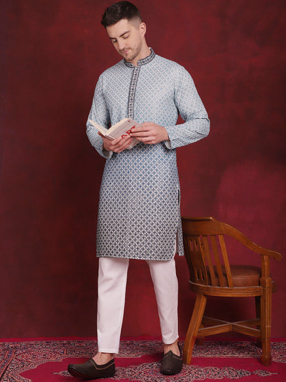 Jompers Men's Sequins Embroidered Kurta with Pyjama - Blue