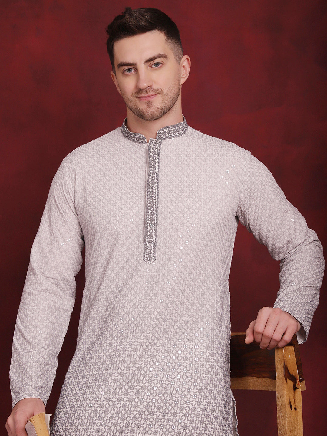 Jompers Men's Sequins Embroidered Kurta with Pyjama - Grey