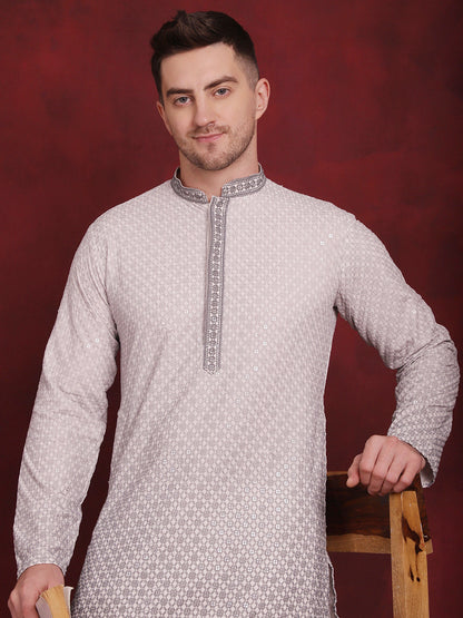 Jompers Men's Sequins Embroidered Kurta with Pyjama - Grey
