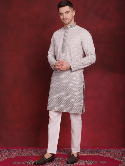 Jompers Men's Sequins Embroidered Kurta with Pyjama - Grey