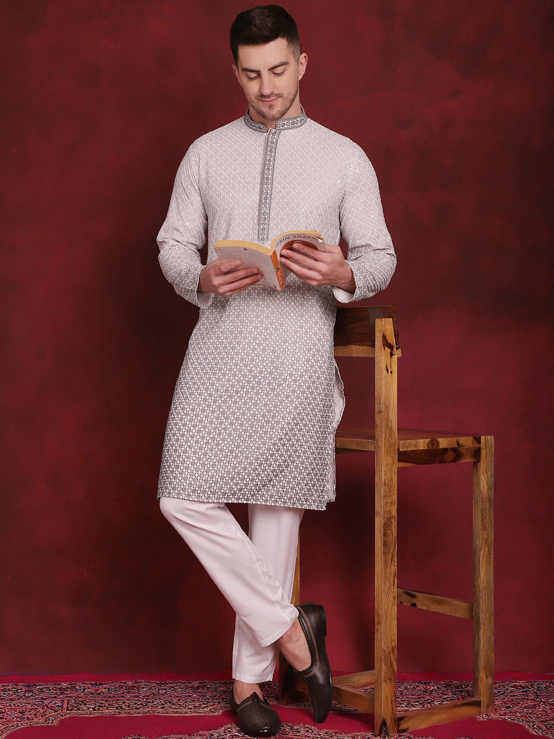 Jompers Men's Sequins Embroidered Kurta with Pyjama - Grey
