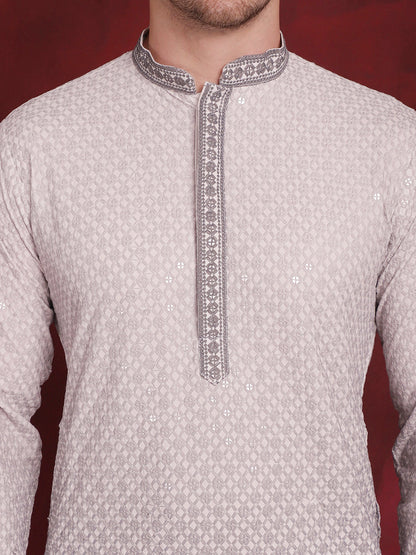 Jompers Men's Sequins Embroidered Kurta with Pyjama - Grey