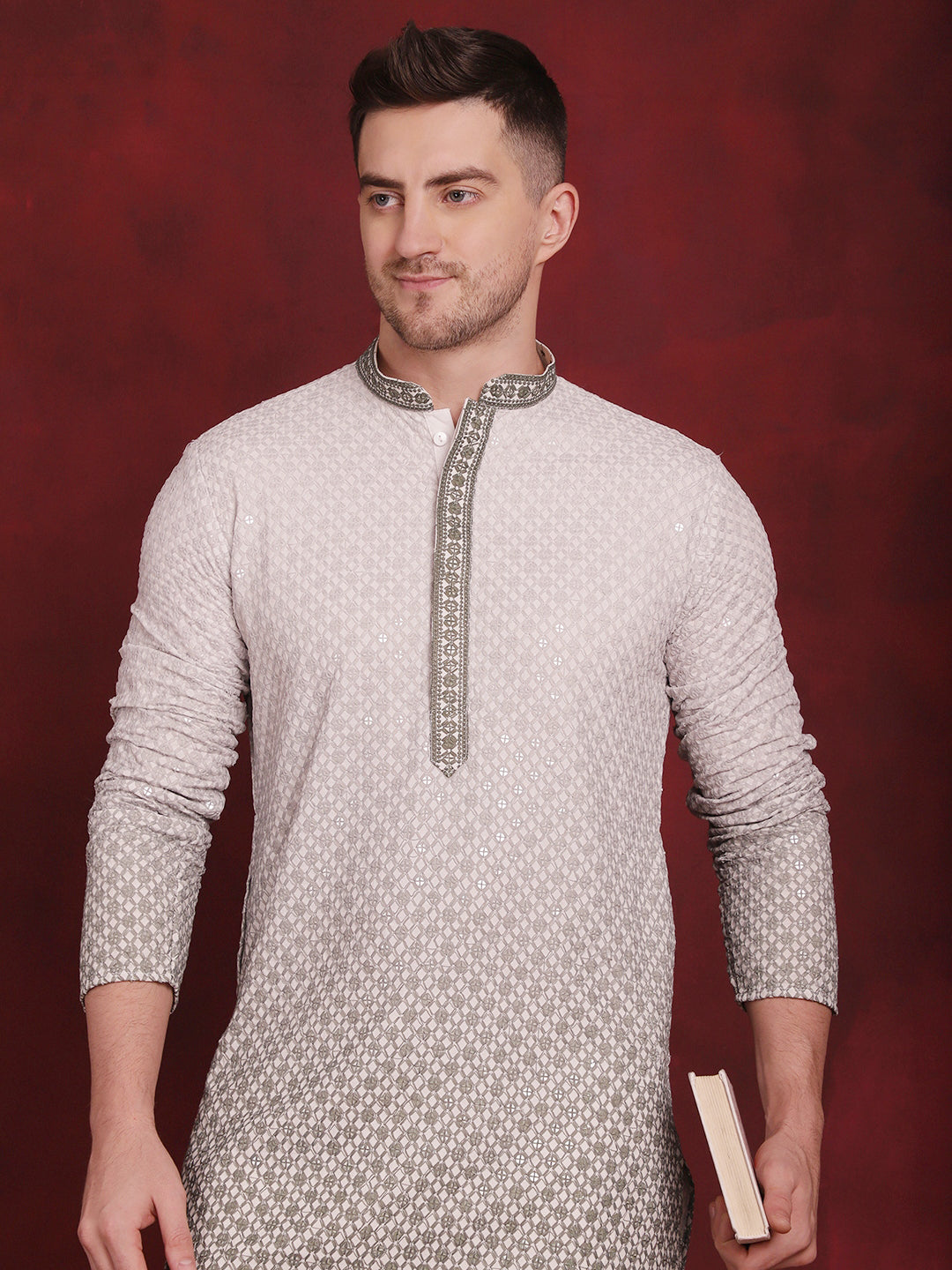 Jompers Men's Sequins Embroidered Kurta with Pyjama - Pista