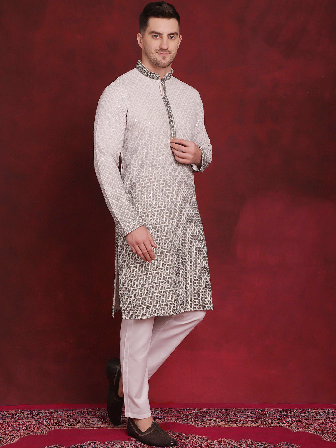 Jompers Men's Sequins Embroidered Kurta with Pyjama - Pista