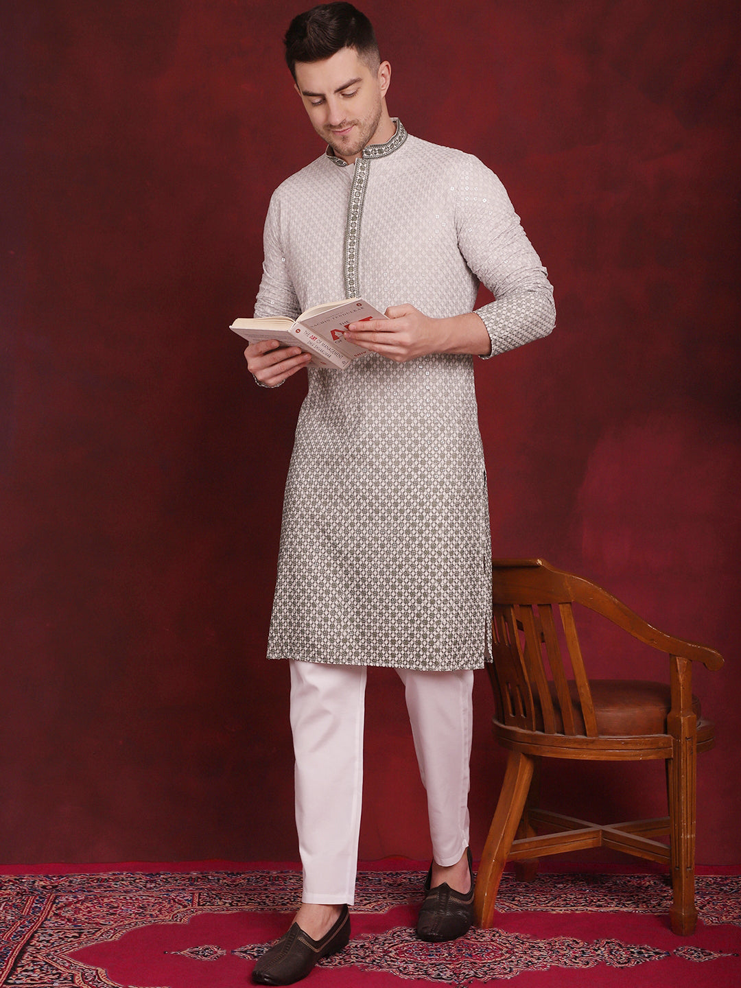 Jompers Men's Sequins Embroidered Kurta with Pyjama - Pista