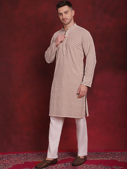 Jompers Men's Sequin Embroidered Pure Cotton Kurta with Pyjamas - Beige