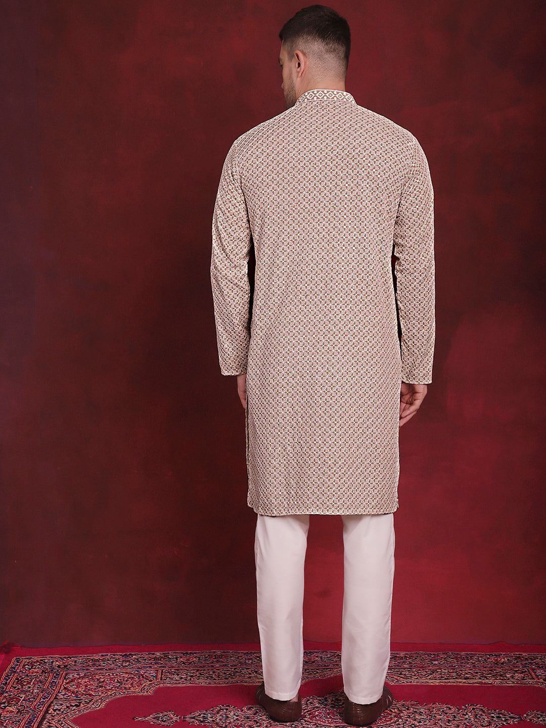 Jompers Men's Sequin Embroidered Pure Cotton Kurta with Pyjamas - Beige