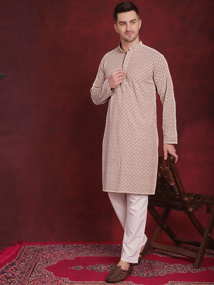 Jompers Men's Sequin Embroidered Pure Cotton Kurta with Pyjamas - Beige