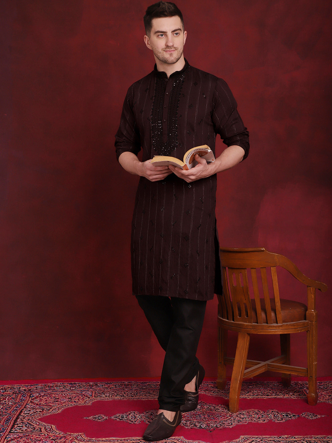 Jompers Men's Sequins Embroidered Kurta Pyjama Set - B-Maroon