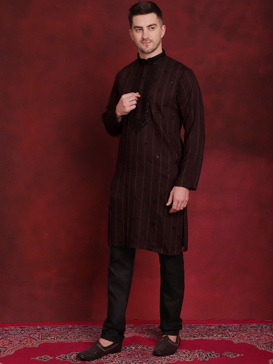 Jompers Men's Sequins Embroidered Kurta Pyjama Set - B-Maroon