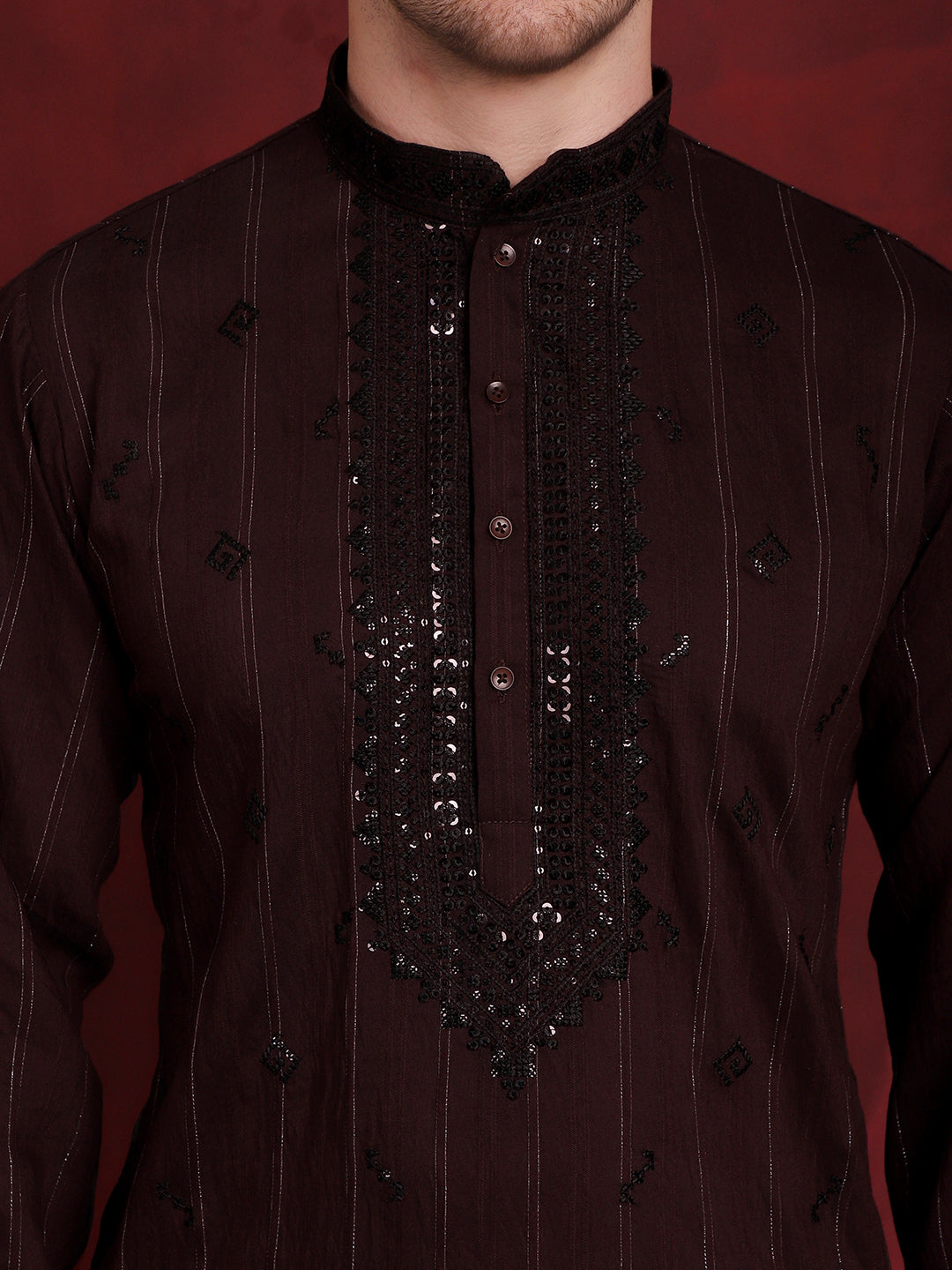 Jompers Men's Sequins Embroidered Kurta Pyjama Set - B-Maroon