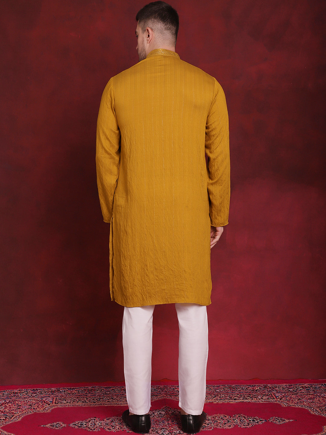 Jompers Men's Sequins Embroidered Kurta Pyjama Set - Mustard
