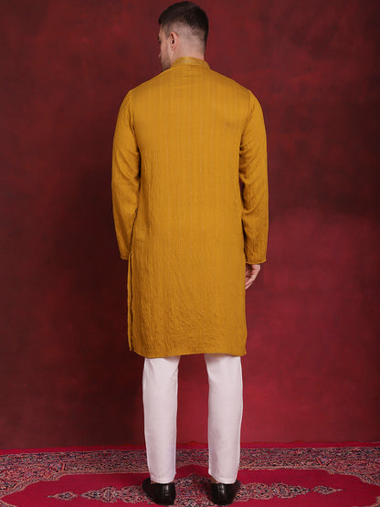Jompers Men's Sequins Embroidered Kurta Pyjama Set - Mustard