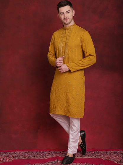 Jompers Men's Sequins Embroidered Kurta Pyjama Set - Mustard