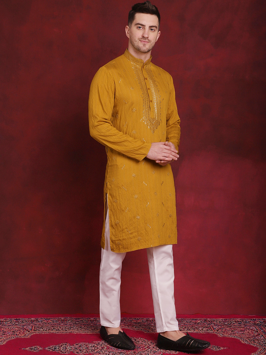 Jompers Men's Sequins Embroidered Kurta Pyjama Set - Mustard