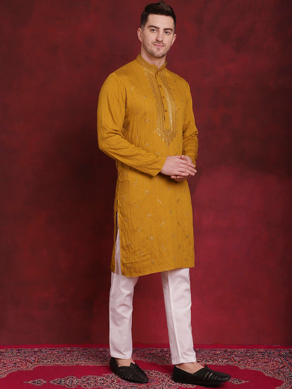 Jompers Men's Sequins Embroidered Kurta Pyjama Set - Mustard
